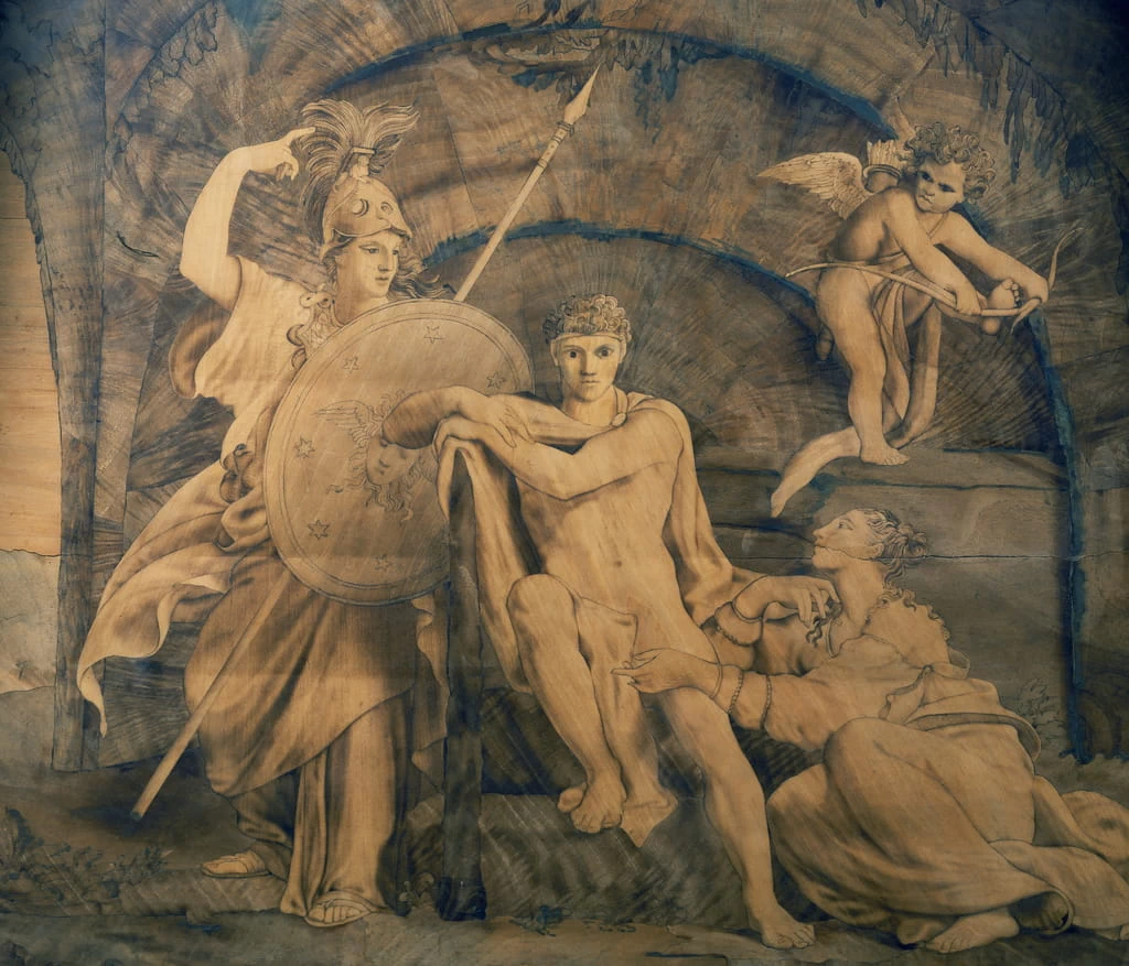 Ercole al crocevia tra Vanità e Fama, intarsio di Giovanni Maffezzoli su disegno di Giuseppe Diotti
